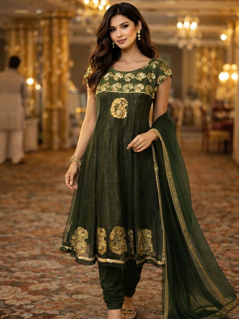 Indian Traditional Chudithar Suit for Party Wear - Green with detachable dupata
